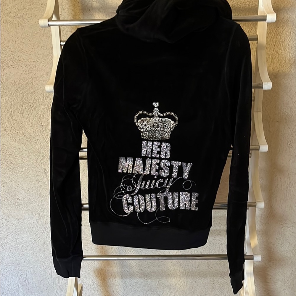 Juicy Couture Black and Silver Velour Jacket with Graphic Design